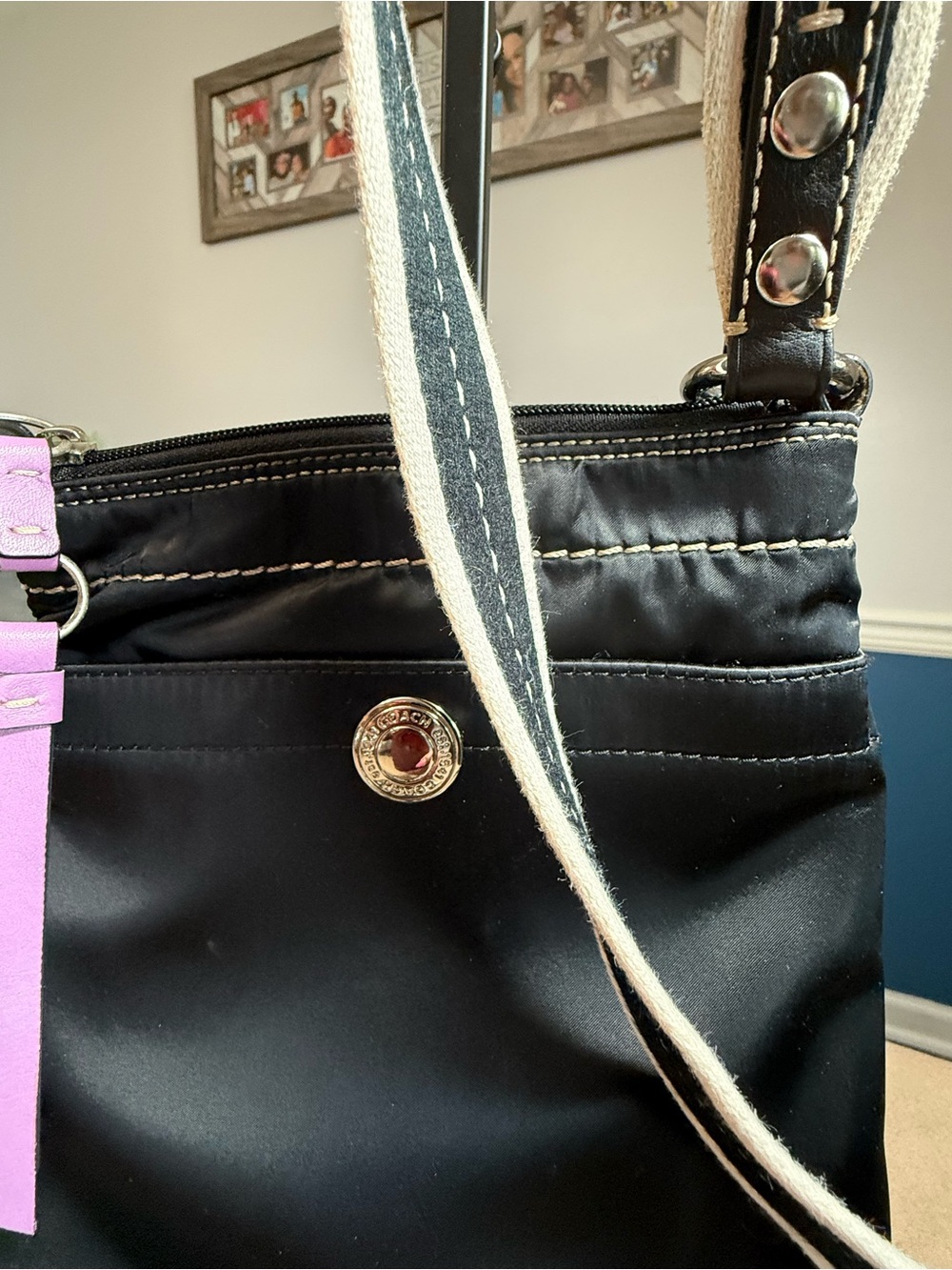 Coach Black Crossbody Bag with White-Trim Strap and Lavender lining. - Picture 3 of 9